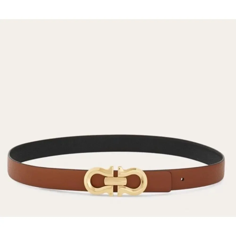 Ferragamo Reversible Gancini belt Cognac/black Gold Buckle Womens Sz 90 NWT $489